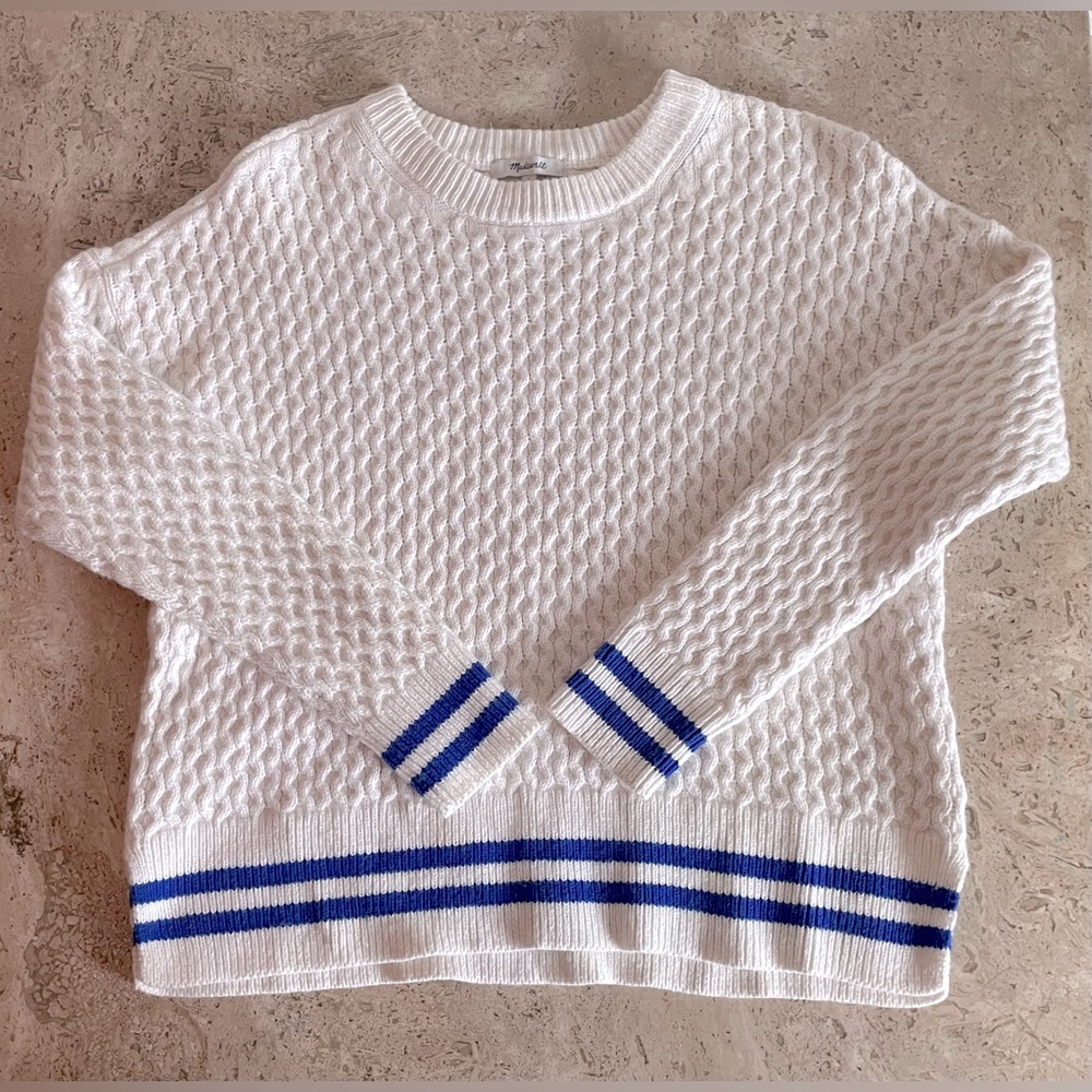 Madewell Stripe-Trim Honeycomb Pullover Sweater in Cotton-Merino Yarn